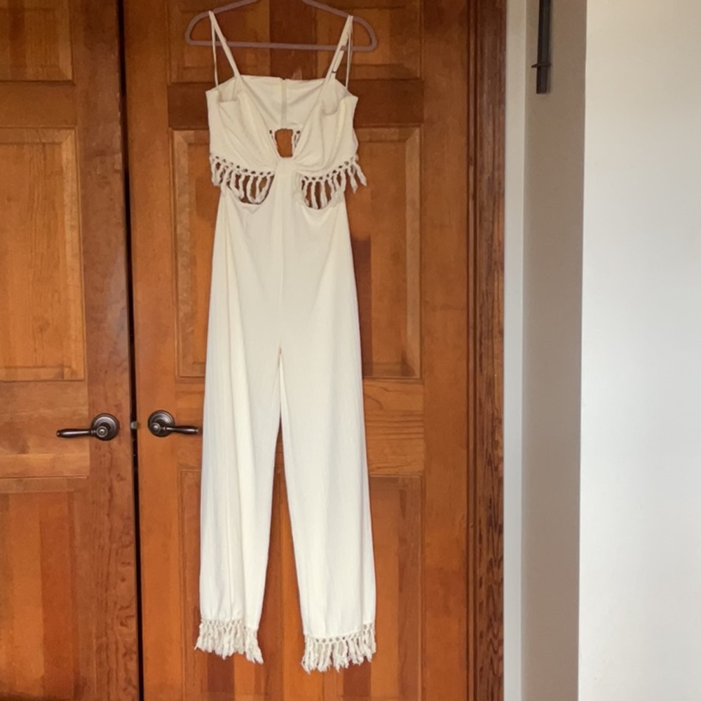 Elegant Cream Jumpsuit with Fringe Detailing